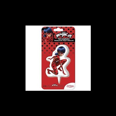 Decoração para bolo 'Miraculous' em embalagem vermelha com pontos pretos.