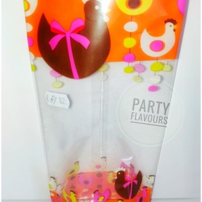 Saco plástico transparente para embalagem com galinhas coloridas e fundo laranja