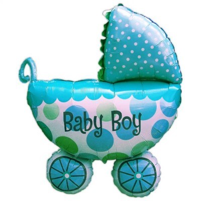 Balão azul em forma de carrinho de bebé com texto Baby Boy