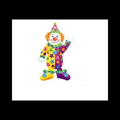 Balão palhaço colorido com estrelas e sapatos amarelos e roxos