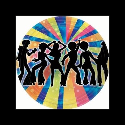 Fundo colorido redondo com silhuetas negras de pessoas a dançar