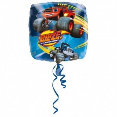 Balão metálico azul com carrinhos e texto BLAZE THE MONSTER MACHINES
