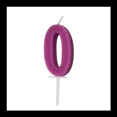 Vela de aniversário número zero cor fúcsia com suporte branco.