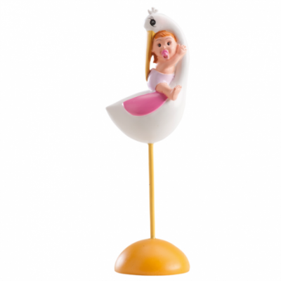 Figura decorativa de bebé num cisne branco com base amarela