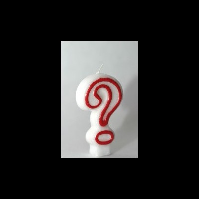 Vela branca em forma de ponto de interrogação com detalhes vermelhos