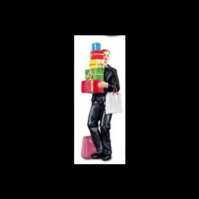 Figura decorativa de homem com caixas de presente e sacola