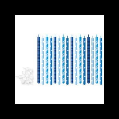 Velas azuis e brancas com padrões listrados e bolinhas e suportes brancos