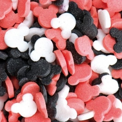 Sprinkles em forma de Mickey Mouse nas cores preto, branco e vermelho