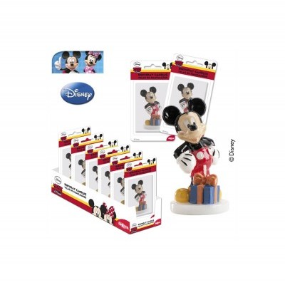 Figurinha colecionável do Mickey Mouse em cerâmica pintada com presentes coloridos na base e embalagem branca e vermelha com logotipo Disney