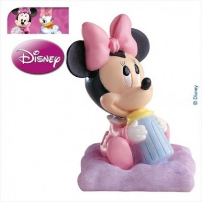 Figura de Minnie Disney em plástico com laço rosa e caneca azul