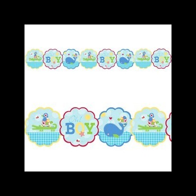 Faixa decorativa com imagens de baleia, passarinhos e texto 'Oh Boy' em azul, verde e vermelho