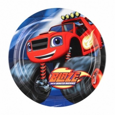 Plato vermelho com desenho de carro Blaze e fundo azul