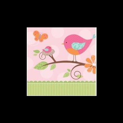 Ilustração de aves rosas num galho com borboleta e flor