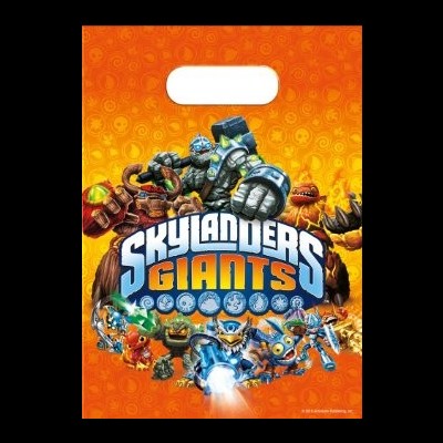Saco plástico laranja com personagens e texto Skylanders Giants