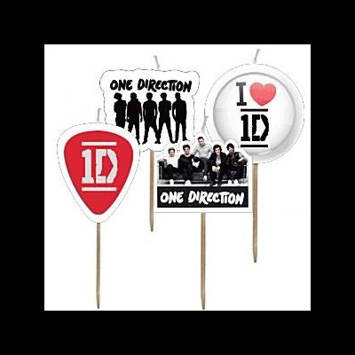 Velas decorativas da banda One Direction com vários designs em branco, vermelho e preto