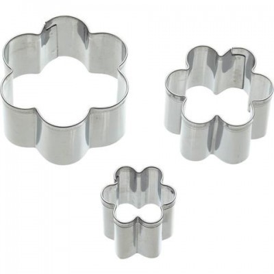Três cortadores de biscoito em formato de flor, aço inoxidável