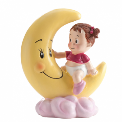 Figura decorativa de menina numa lua sorridente sobre nuvem