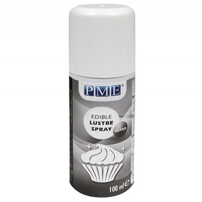 Frasco de spray prata comestível PME, 100 ml, com imagem de cupcake no rótulo.