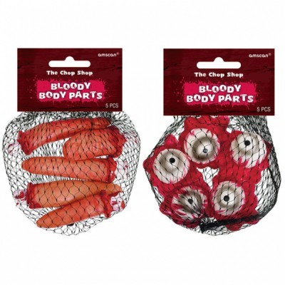 Conjuntos de decoração falsa de dedos sangrentos e olhos para Halloween em redes com etiquetas vermelhas