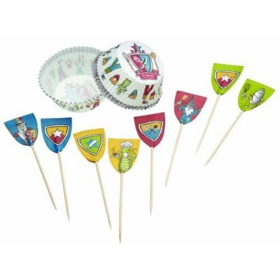 Forinhas para cupcakes e toppers coloridos com desenhos de escudos e personagens