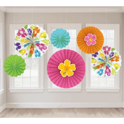 Conjunto de leques decorativos de papel coloridos com padrões florais suspensos