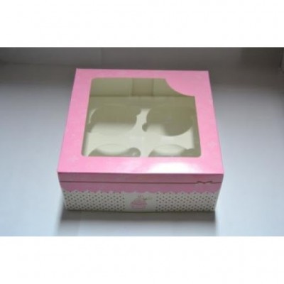 Caixa para 4 cupcakes com tampa rosa e branco e janela transparente