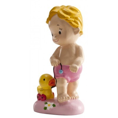 Figura decorativa de bebé loiro com patinho amarelo e base rosa