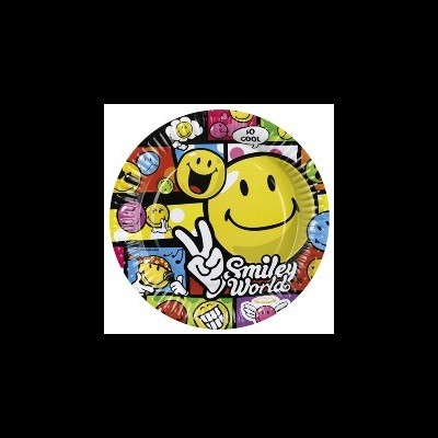 Conjunto de pratos descartáveis decorados com carinhas sorridentes amarelas e texto Smiley World