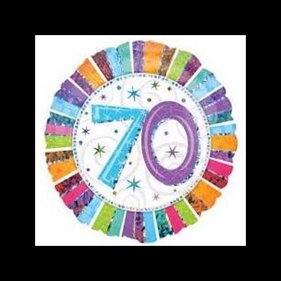 Balão redondo branco com número 70 colorido e borda multicolorida