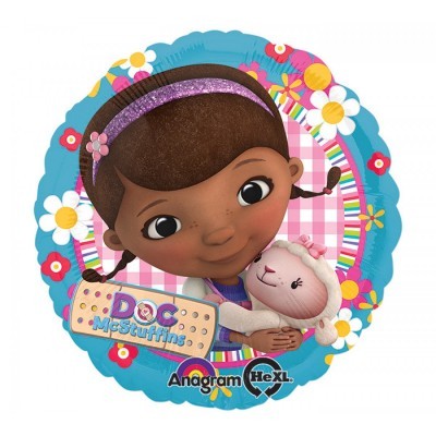 Balão Doc McStuffins com fundo azul e flores