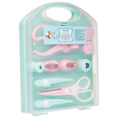 Conjunto de costura KitchenCraft com caixa azul translúcida e ferramentas rosas e brancas