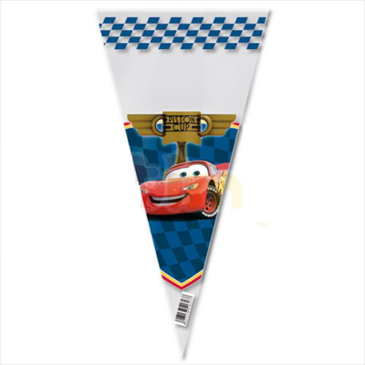 Cone de plástico transparente com estampa do carro Relâmpago McQueen no fundo azul xadrez