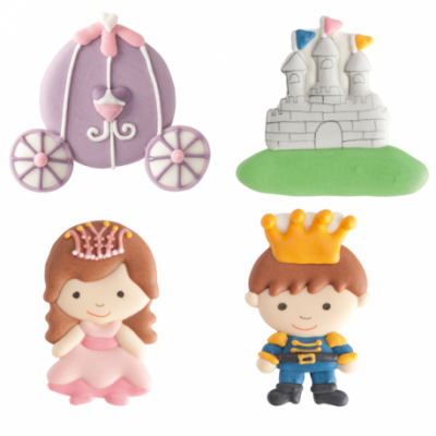 Decorações de bolo tema conto de fadas: carruagem, castelo, princesa e príncipe.