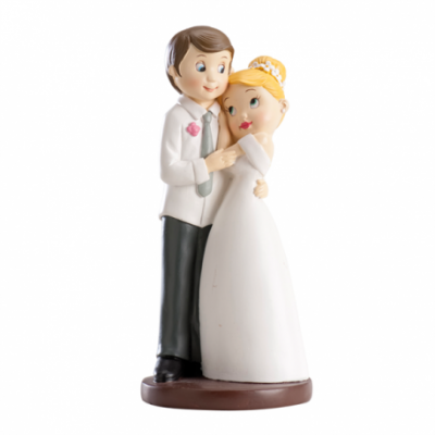 Figura decorativa de noivos em cerâmica com vestido branco e terno preto e branco