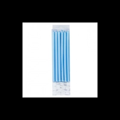 Pacote com 8 velas azuis finas embaladas em plástico transparente