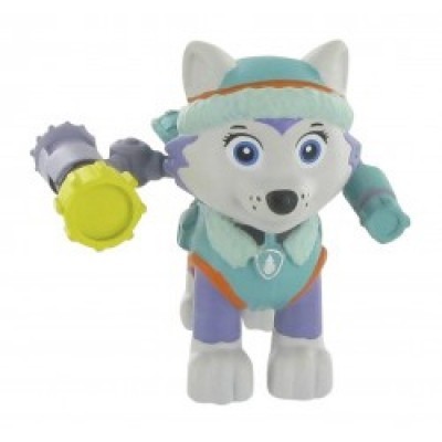 Boneco cão azul e branco com roupa azul e laranja e objeto amarelo
