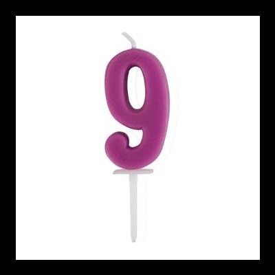 Vela de aniversário número 9 roxa com suporte branco