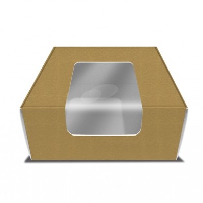 Embalagem de cartão castanho com janela plástica transparente