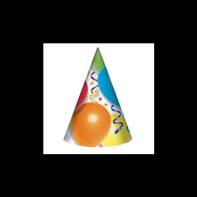 Chapéu de festa cônico com balões coloridos e serpentinas