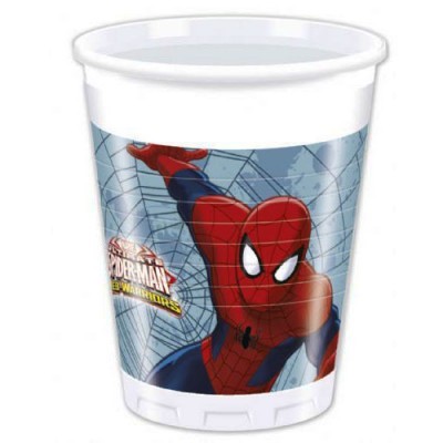 Copo de plástico branco com desenho do Homem-Aranha e texto 'SPIDER-MAN DE WARRIORS'.