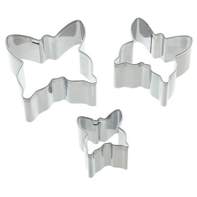 Conjunto de três cortantes em metal prateado com formato de borboleta