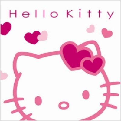 Desenho da cabeça da Hello Kitty com corações e texto Hello Kitty