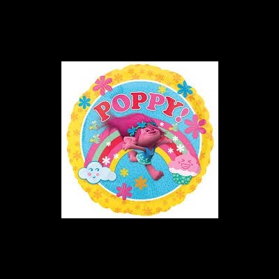 Balão redondo com personagens dos Trolls e texto POPPY