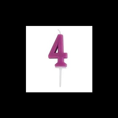 Vela de aniversário número 4 roxa com suporte branco.