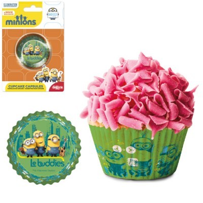 Cápsulas para cupcake Minions com desenhos dos personagens e texto le buddies