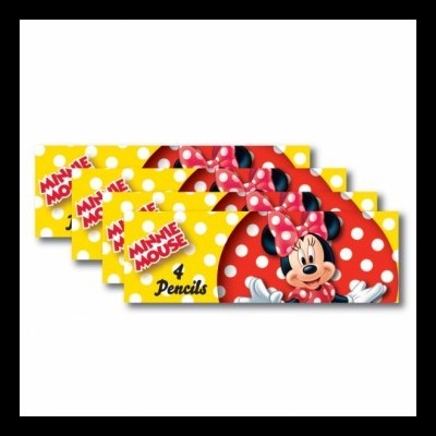 Caixa amarela e vermelha com lápis Minnie Mouse e bolinhas brancas