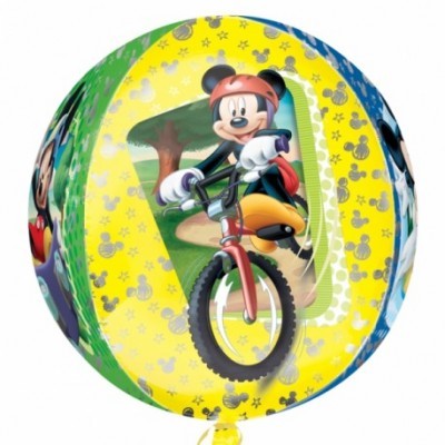 Balão redondo colorido com estampa de Mickey Mouse a andar de bicicleta