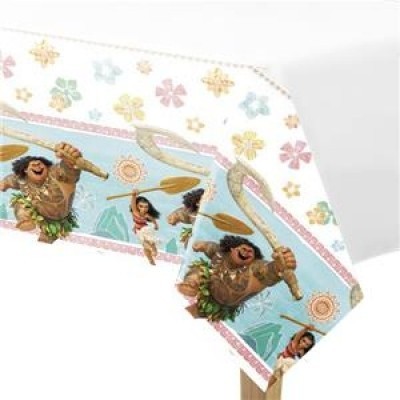 Toalha de mesa branca com personagens do filme Moana e padrão floral colorido