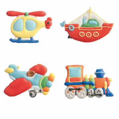 Brinquedos coloridos de helicóptero, barco, avião e comboio de borracha/plástico.