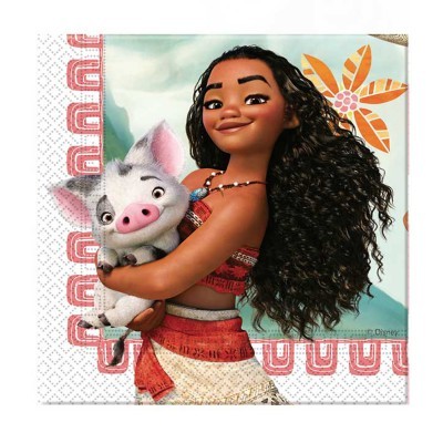 Guarda-níquel com Moana e Pua em fundo claro com padrões vermelhos e flor laranja.